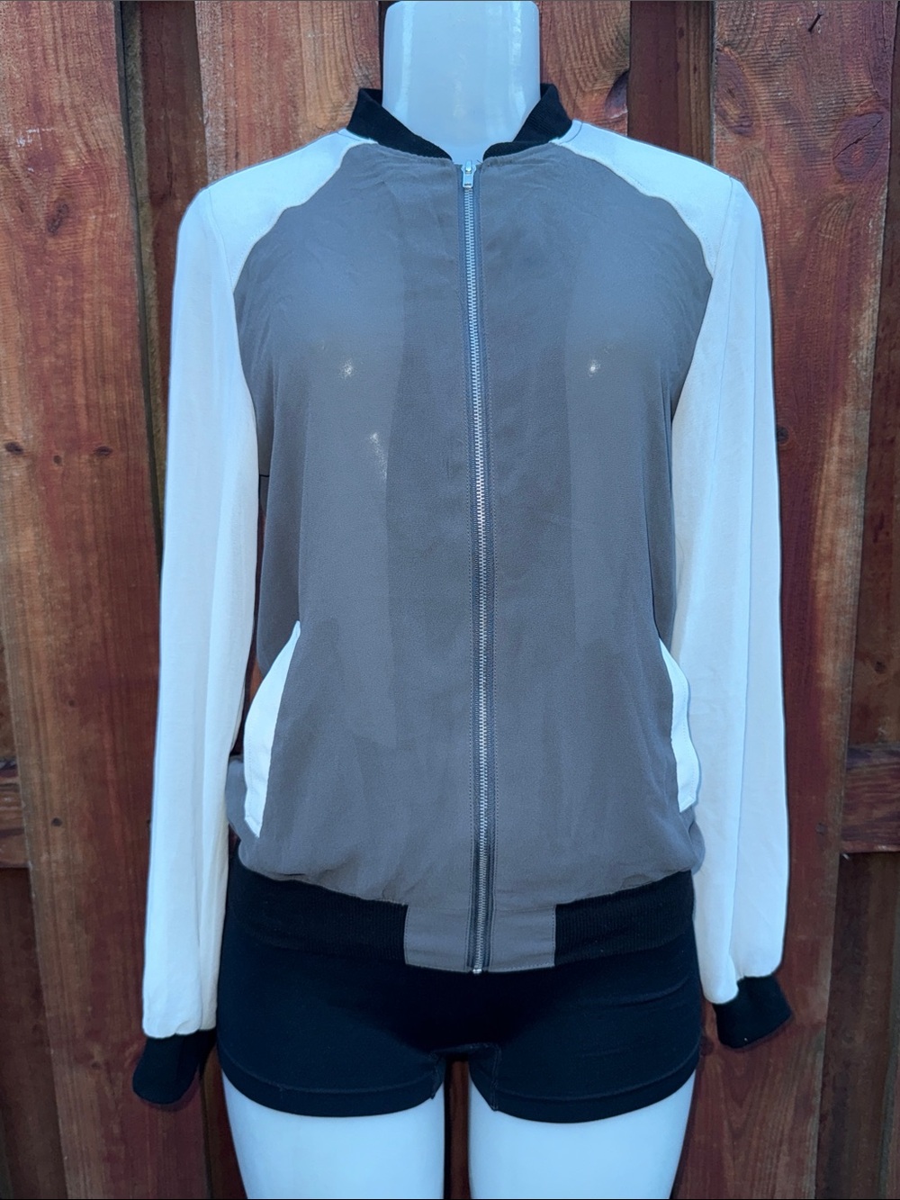 Ambiance Apparel Colorblock Satin Bomber Jacket Gray White Size M